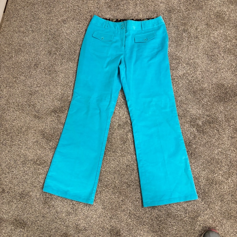 Courtenay Turquoise Sea Green Teal and Floral Stretch Pants SZ 10 P Mid Rise